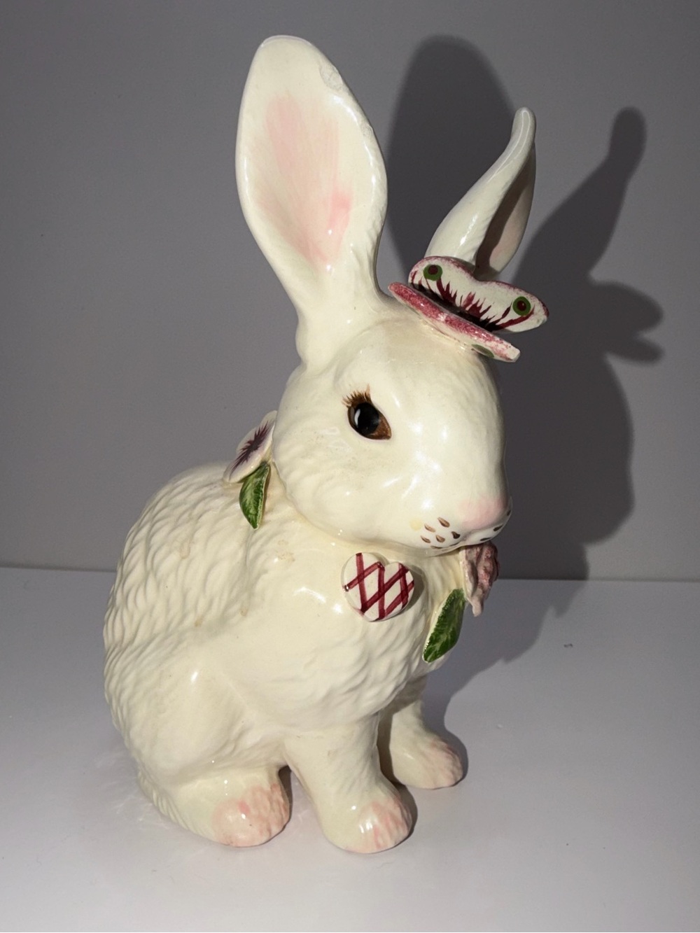 Vintage paper windows White Ceramic Bunny Figurine with butterfly Easter